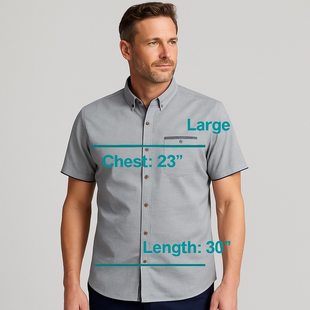 Craft & Flow Men’s Large Light Gray Navy Trim Short Sleeve Button-Up Shirt